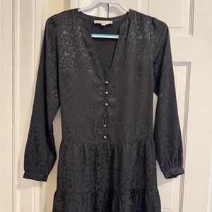 LOFT Black Heart Jacquard Tiered Mini Dress Long Sleeve XS V-Neck